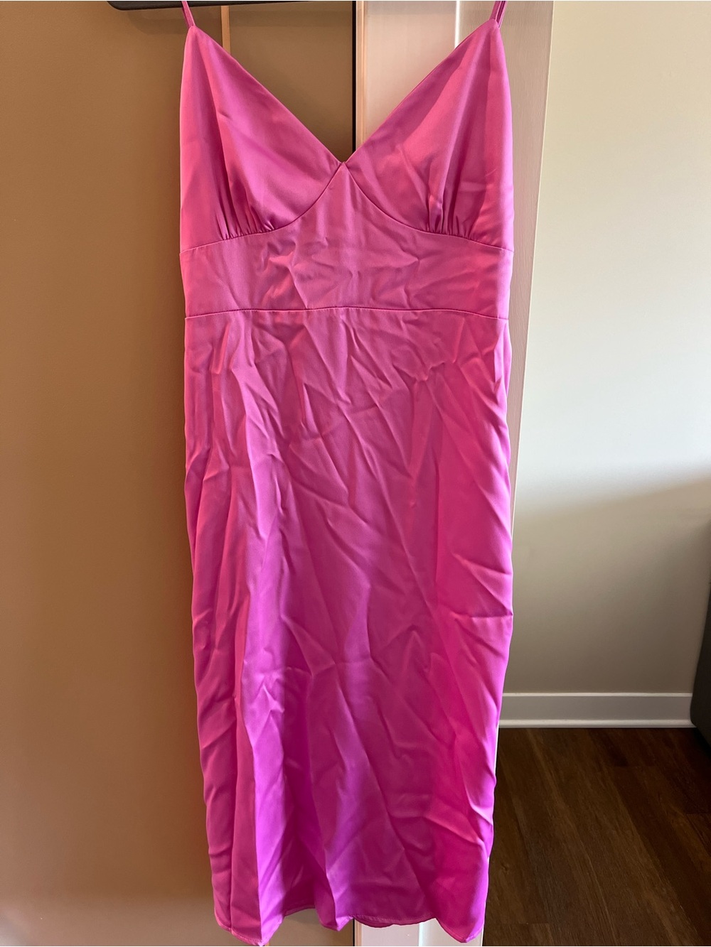 Pink Rose Hot Pink Satin Midi Slip Dress with Spaghetti Straps